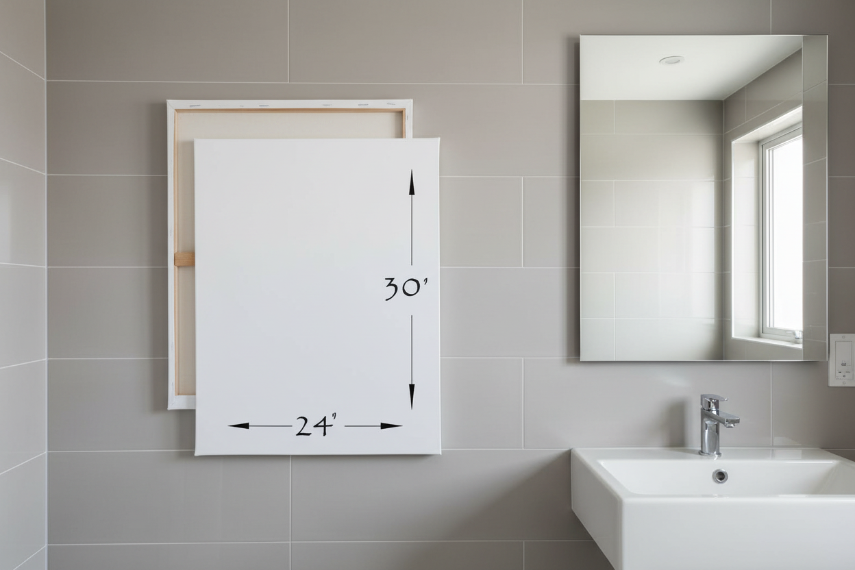 A 24 inch wide by 30 inch tall Genie Canvas in a bathroom with a mirror and sink, featuring measurements on the wall.