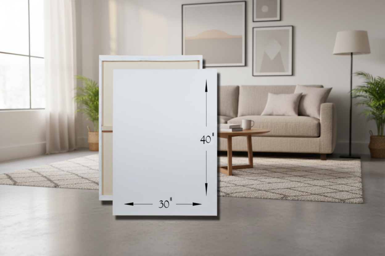 Living room with a sofa, coffee table, and decorative items, featuring a mirror with dimensions overlayed.