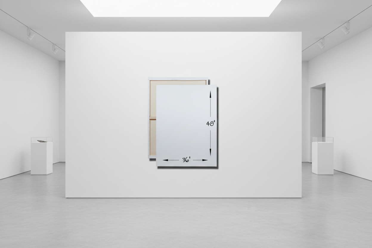 a 36 inch wide by 48 inches tall with genie canvas frame in a minimalistic white room