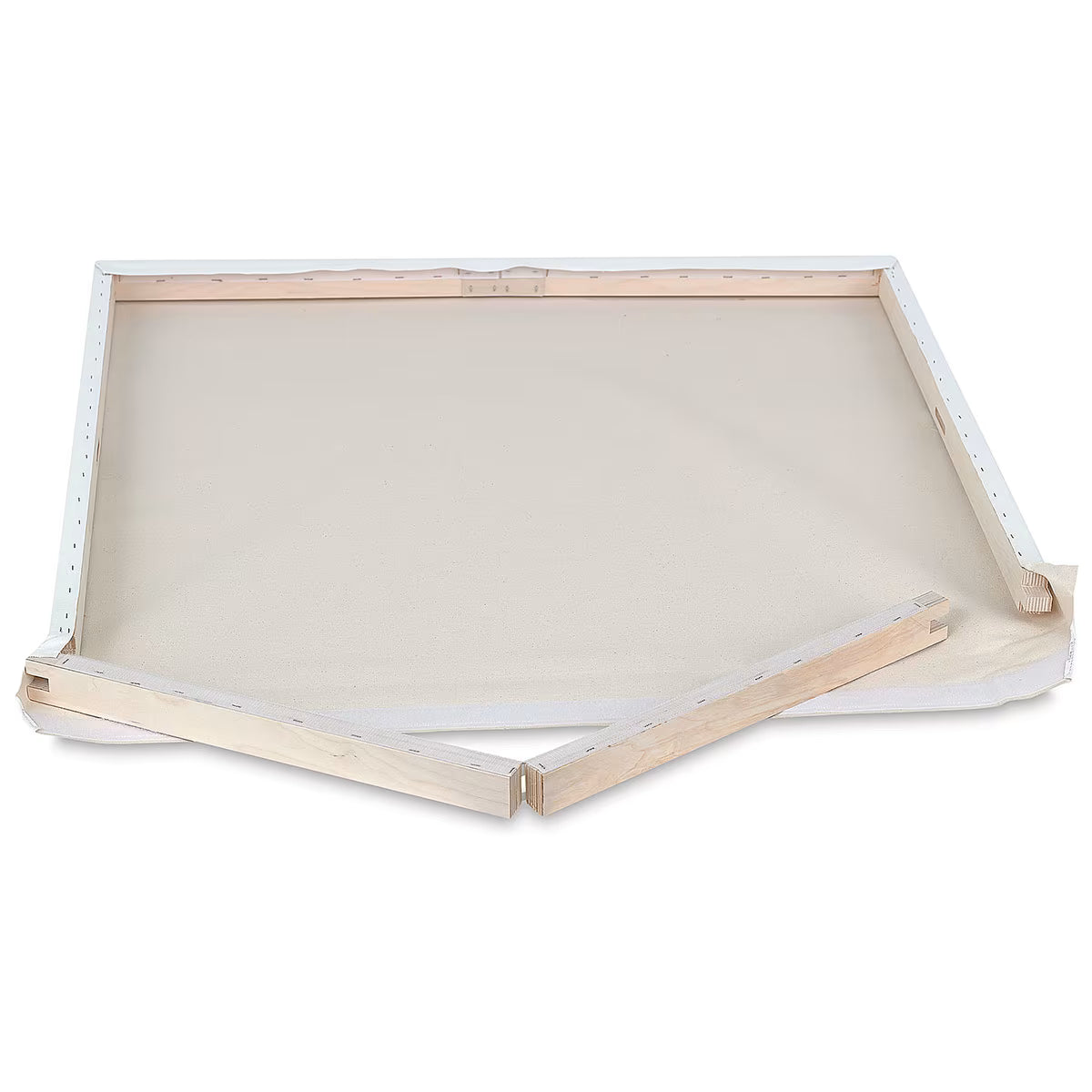 Wooden picture frame with beige canvas on a white background. Foldable frame system.