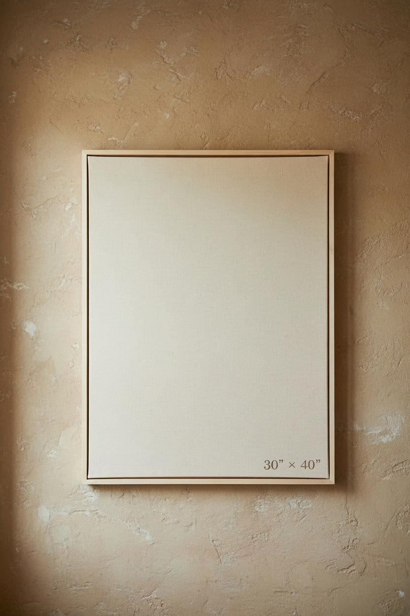 A painting canvas with size 30 inch by 40 inch, hanging on a wall