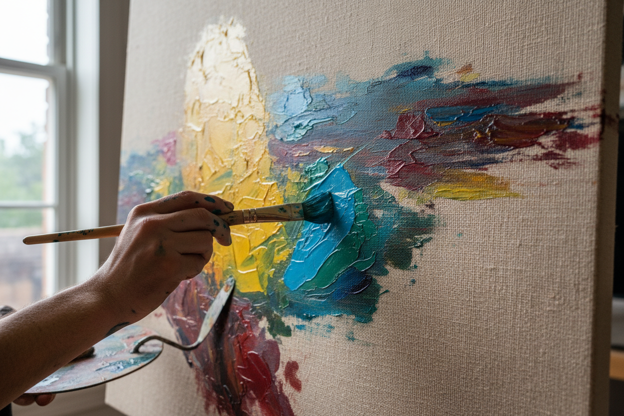 A realistic close up view of an artist painting on a 48 inch by 48 inch canvas