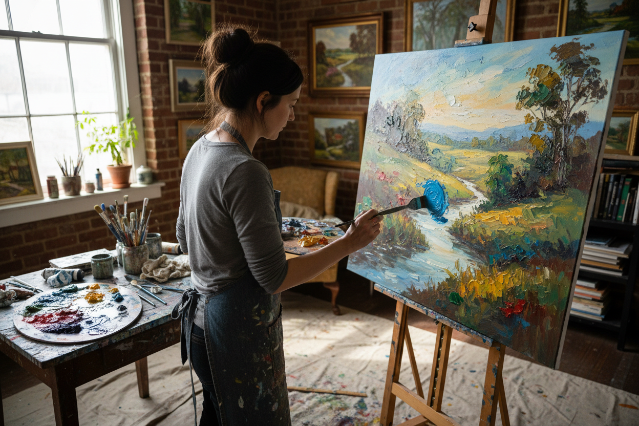 A realistic over the shoulder vieew of an paint artist, painting on a 48 inch by 60 inch canvas