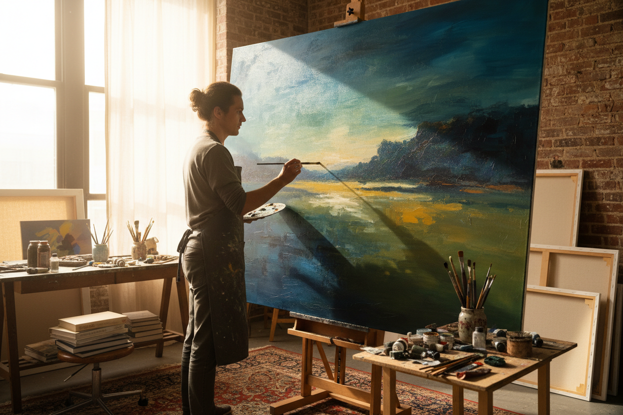 A realistic view of an artist painting on a 40 inch by 60 incy canvas